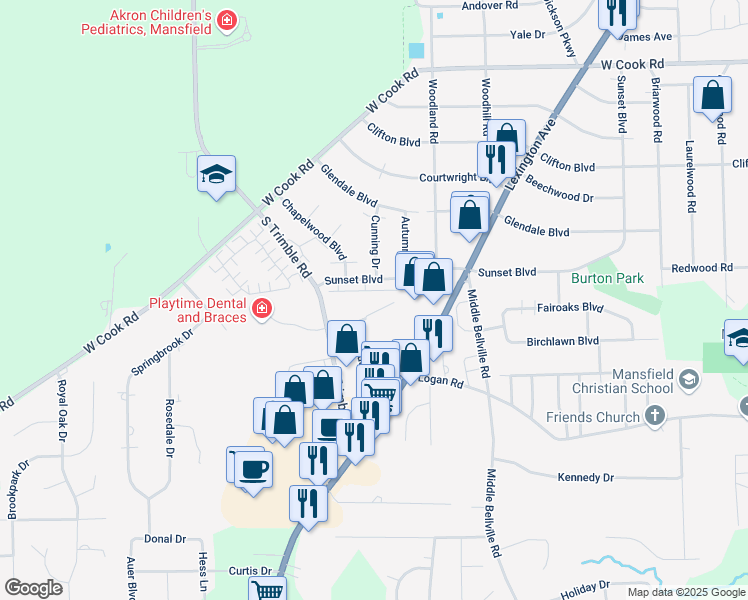 map of restaurants, bars, coffee shops, grocery stores, and more near 1281 South Trimble Road in Mansfield