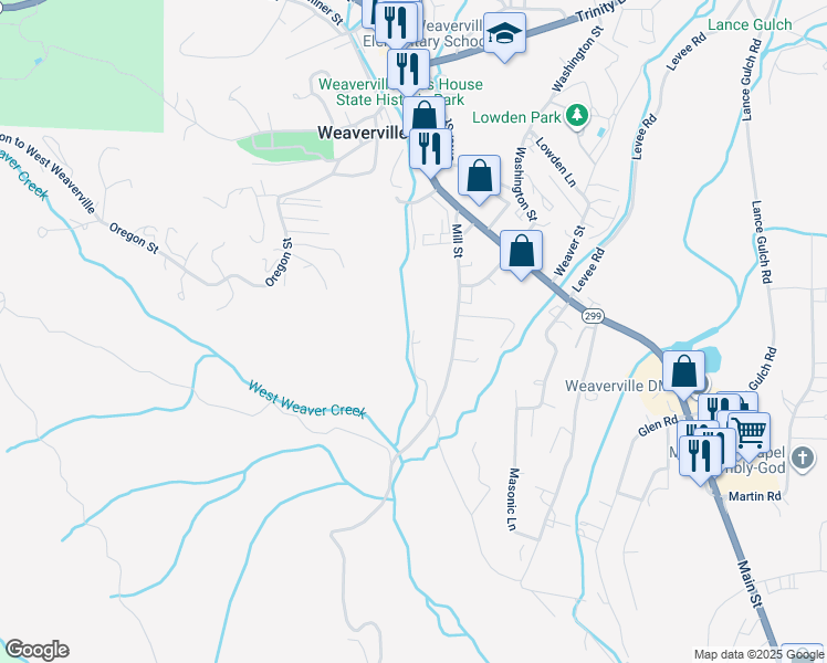 map of restaurants, bars, coffee shops, grocery stores, and more near 1045 Lower Mill St in Weaverville