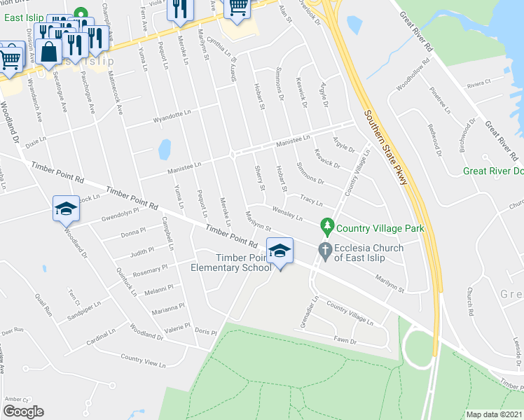 map of restaurants, bars, coffee shops, grocery stores, and more near 10 Wensley Lane in East Islip