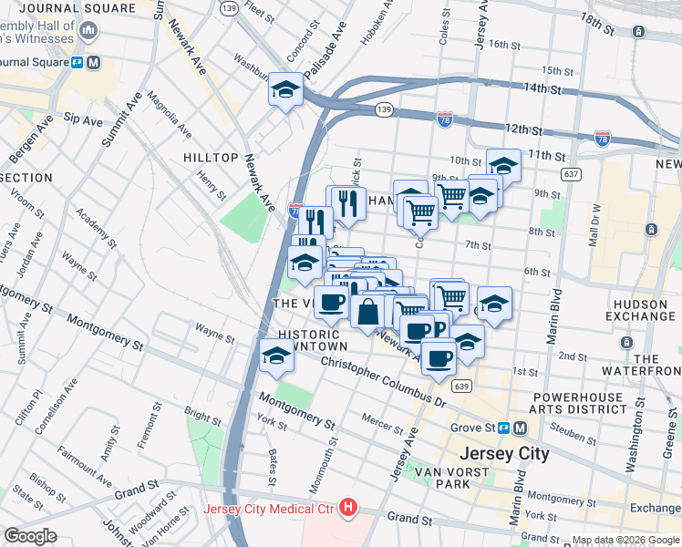 map of restaurants, bars, coffee shops, grocery stores, and more near 369 5th Street in Jersey City