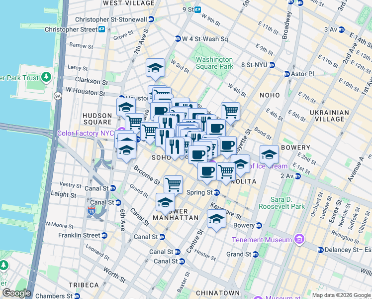 map of restaurants, bars, coffee shops, grocery stores, and more near 120 Prince Street in New York