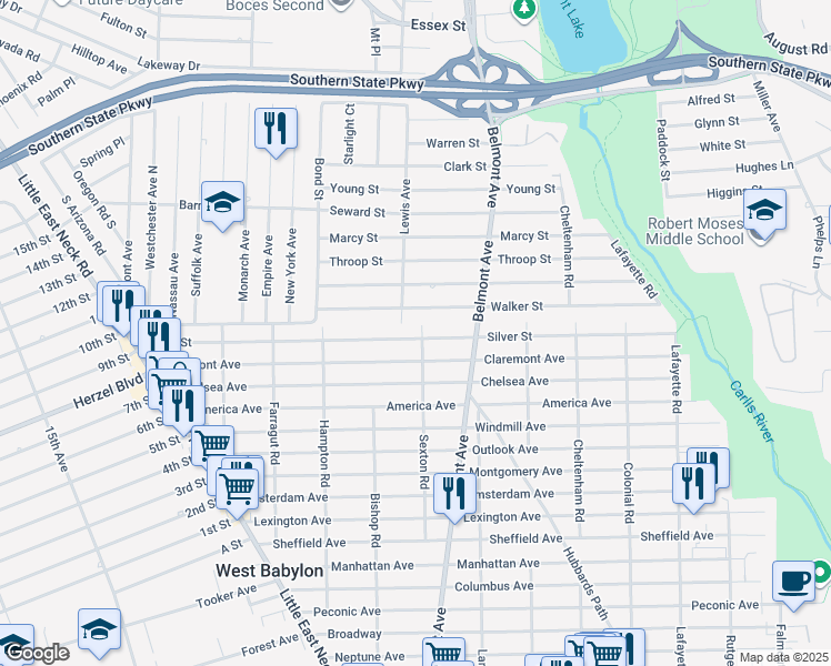 map of restaurants, bars, coffee shops, grocery stores, and more near 265 Silver Street in West Babylon