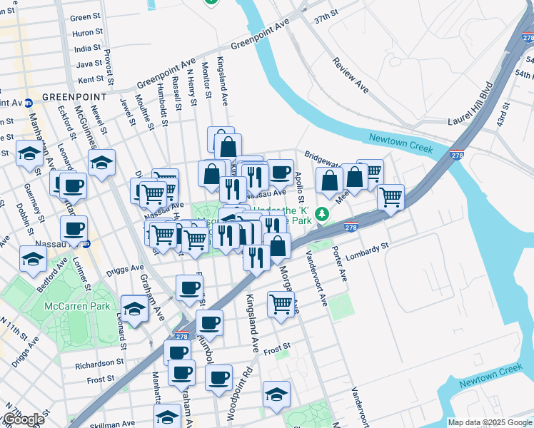 map of restaurants, bars, coffee shops, grocery stores, and more near 594 Morgan Avenue in Brooklyn
