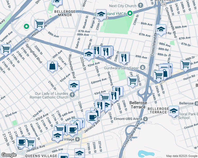 map of restaurants, bars, coffee shops, grocery stores, and more near 92-60 224th Street in Queens