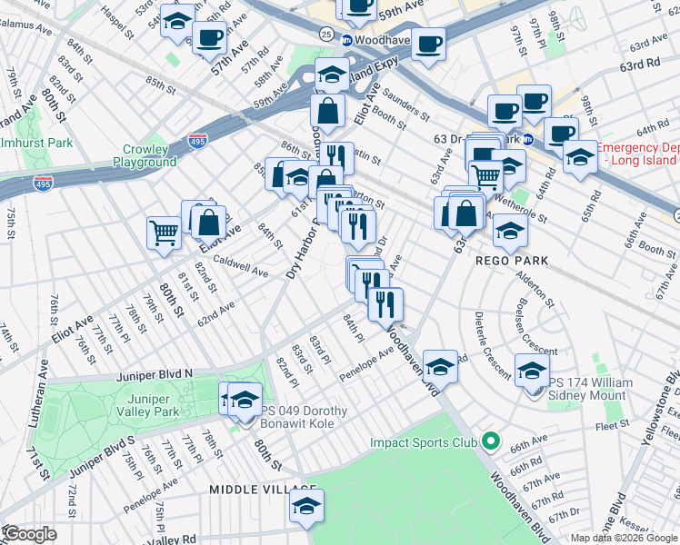 map of restaurants, bars, coffee shops, grocery stores, and more near 62-60 Woodhaven Boulevard in Queens