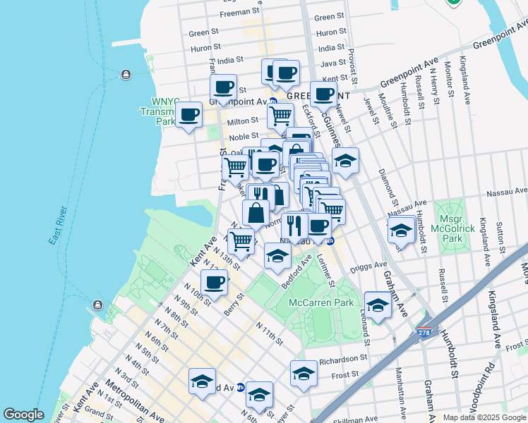 map of restaurants, bars, coffee shops, grocery stores, and more near 33 Norman Avenue in Brooklyn