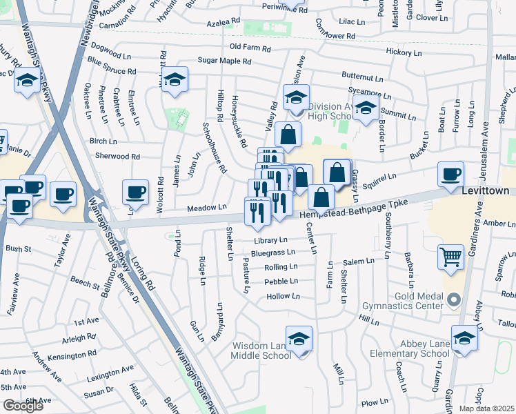 map of restaurants, bars, coffee shops, grocery stores, and more near 2901 Hempstead Turnpike in Levittown