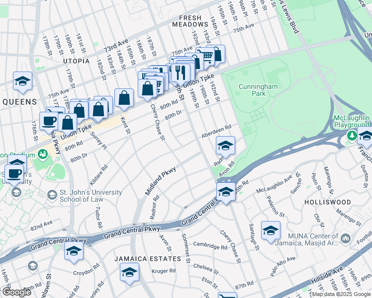 map of restaurants, bars, coffee shops, grocery stores, and more near 186-28 Aberdeen Road in Queens