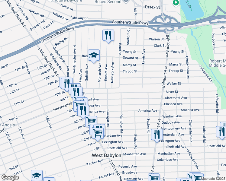 map of restaurants, bars, coffee shops, grocery stores, and more near 162 Baur Street in West Babylon