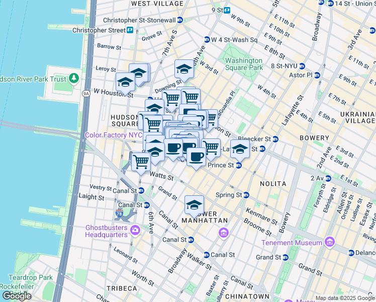 map of restaurants, bars, coffee shops, grocery stores, and more near in New York