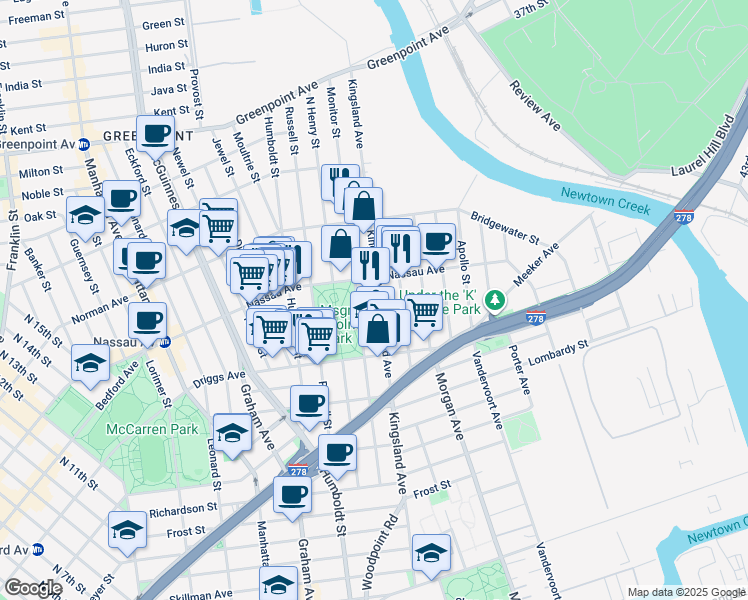 map of restaurants, bars, coffee shops, grocery stores, and more near 259 Kingsland Avenue in Brooklyn