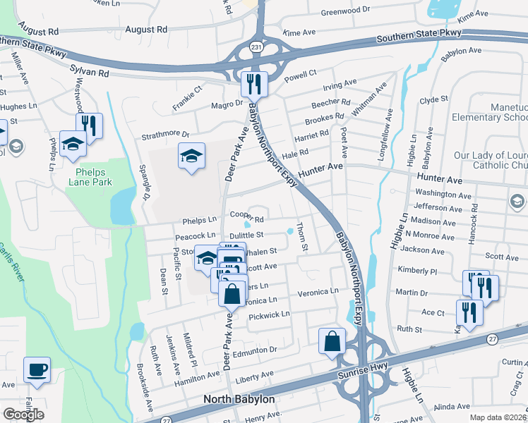 map of restaurants, bars, coffee shops, grocery stores, and more near 120 Glen Road in North Babylon