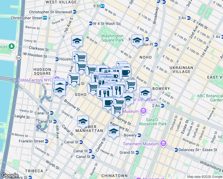 map of restaurants, bars, coffee shops, grocery stores, and more near 593 Broadway in New York