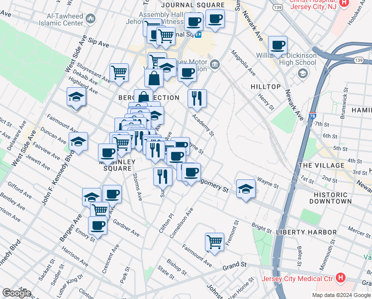map of restaurants, bars, coffee shops, grocery stores, and more near 484 Mercer Street in Jersey City