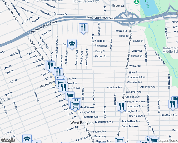 map of restaurants, bars, coffee shops, grocery stores, and more near 162 Baur Street in West Babylon