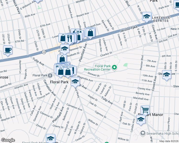 map of restaurants, bars, coffee shops, grocery stores, and more near 53 Stewart St in Floral Park