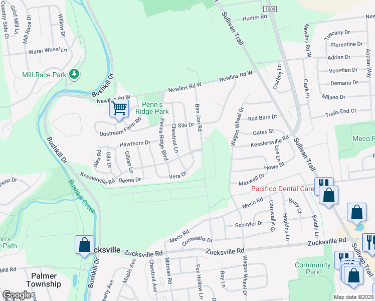map of restaurants, bars, coffee shops, grocery stores, and more near 2505 Hickory Drive in Easton