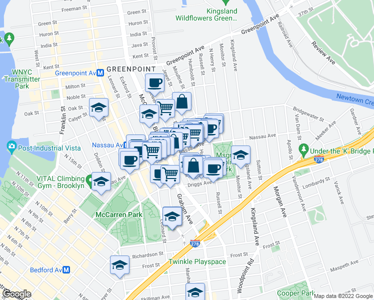 map of restaurants, bars, coffee shops, grocery stores, and more near Nassau Avenue & Diamond Street in Brooklyn
