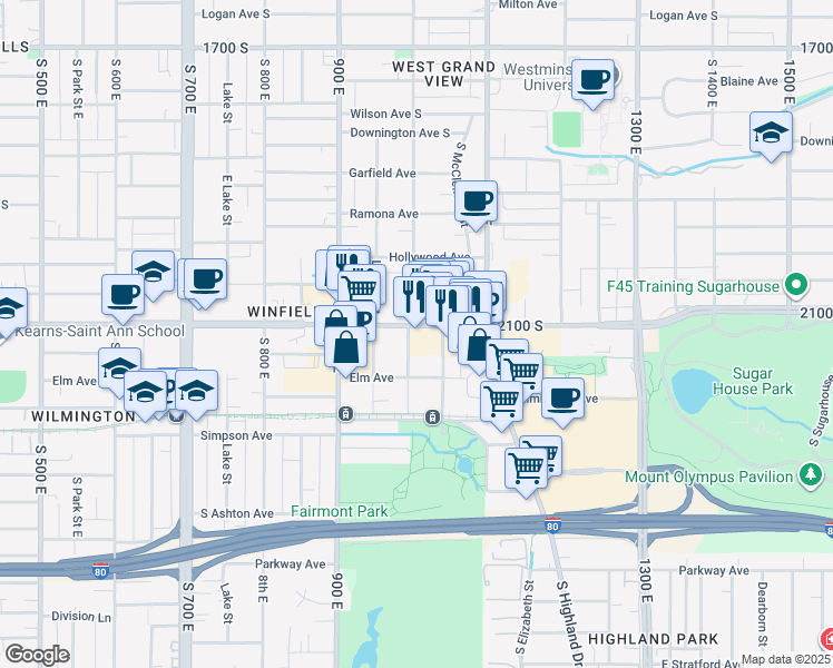 map of restaurants, bars, coffee shops, grocery stores, and more near 1010 East 2100 South in Salt Lake City