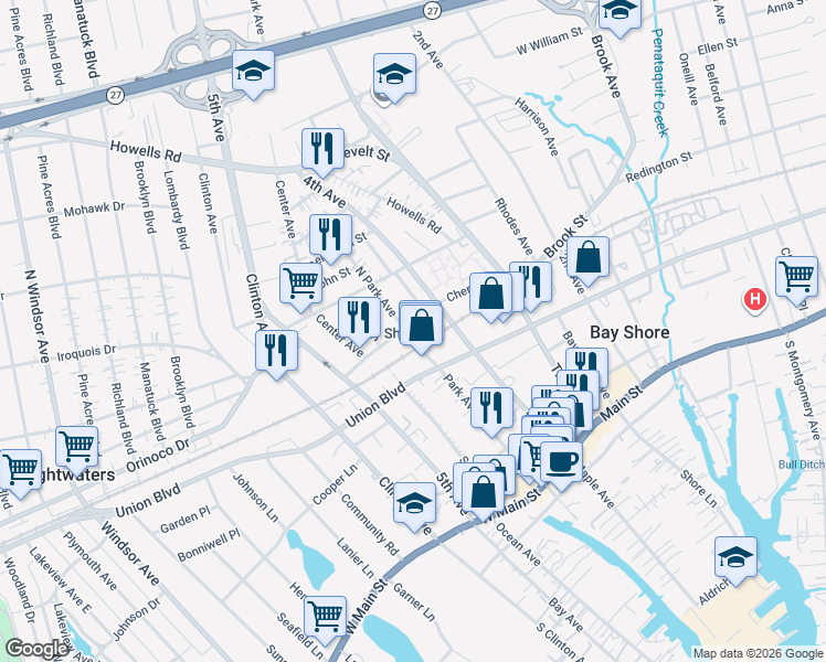 map of restaurants, bars, coffee shops, grocery stores, and more near 104 Railroad Plaza in Bay Shore