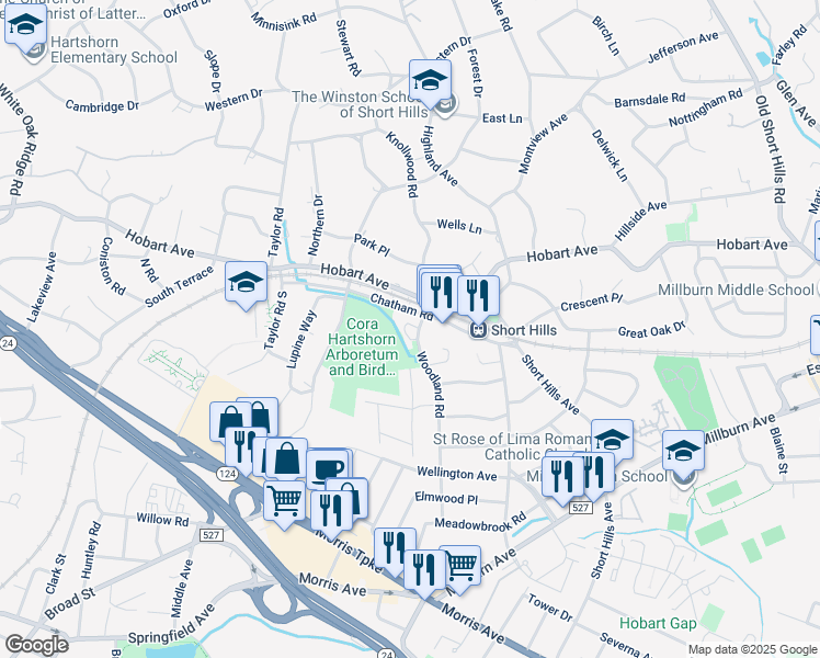 map of restaurants, bars, coffee shops, grocery stores, and more near 85 Woodland Road in Essex County