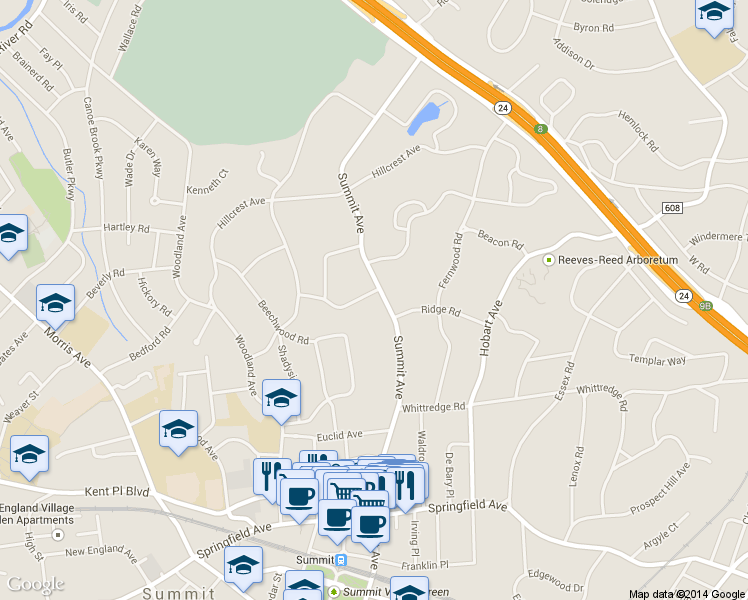 map of restaurants, bars, coffee shops, grocery stores, and more near 10 Badeau Ave in Summit