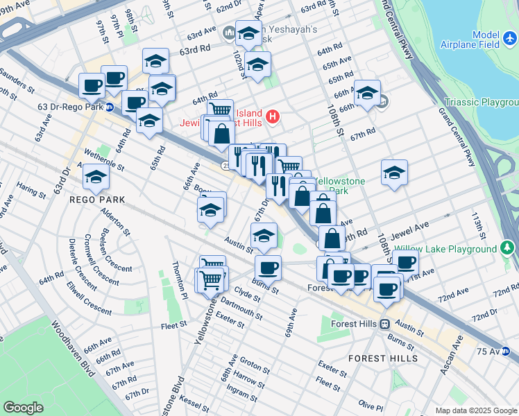 map of restaurants, bars, coffee shops, grocery stores, and more near 67-50 Booth Street in Queens