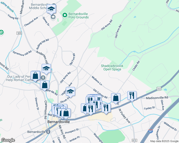 map of restaurants, bars, coffee shops, grocery stores, and more near 36 Childsworth Avenue in Bernardsville