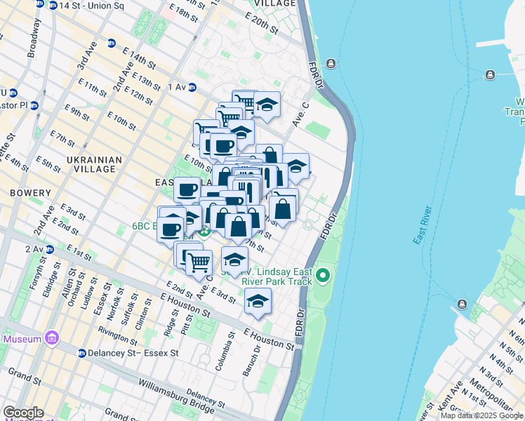 map of restaurants, bars, coffee shops, grocery stores, and more near 717 East 9th Street in New York