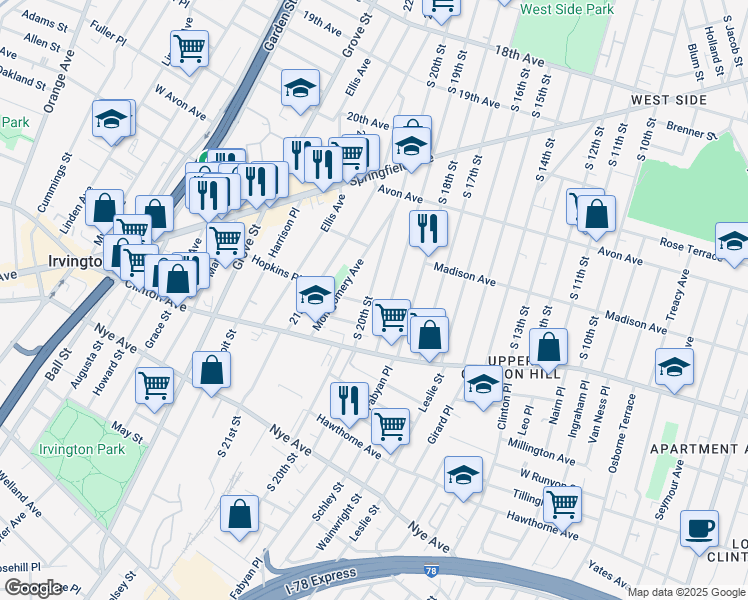 map of restaurants, bars, coffee shops, grocery stores, and more near 905 South 19th Street in Newark
