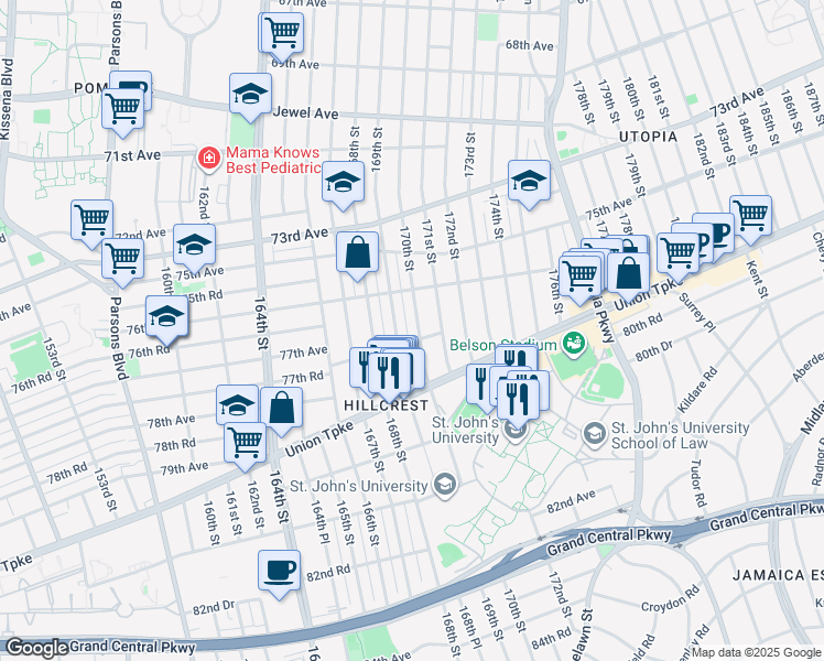 map of restaurants, bars, coffee shops, grocery stores, and more near 170-8 77th Road in Queens