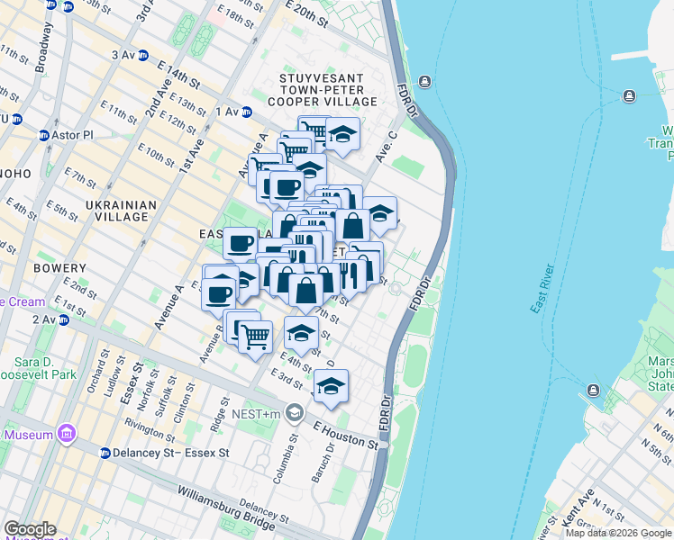 map of restaurants, bars, coffee shops, grocery stores, and more near 713 East 9th Street in New York