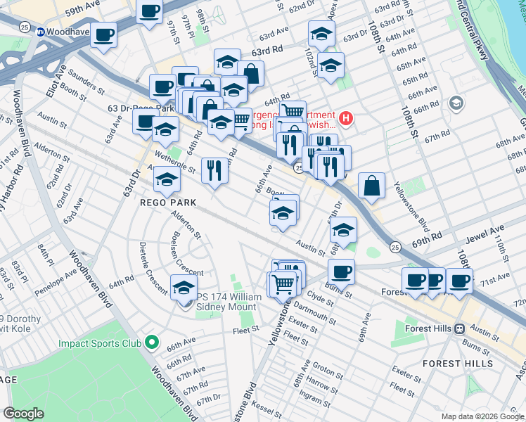 map of restaurants, bars, coffee shops, grocery stores, and more near 66-17 Austin Street in Queens
