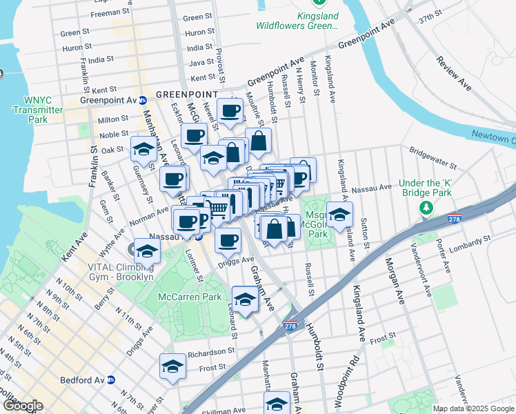 map of restaurants, bars, coffee shops, grocery stores, and more near 147 Nassau Avenue in Brooklyn