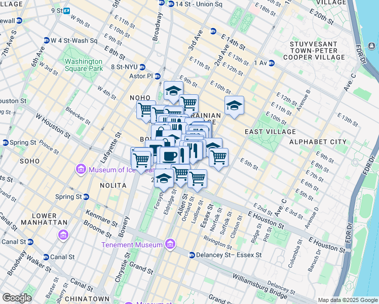map of restaurants, bars, coffee shops, grocery stores, and more near 75 East 3rd Street in New York