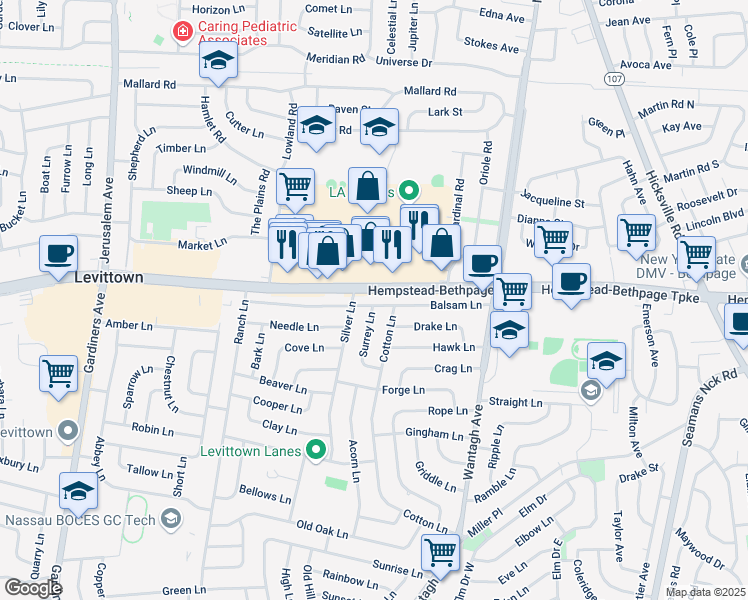 map of restaurants, bars, coffee shops, grocery stores, and more near 75 Balsam Lane in Levittown