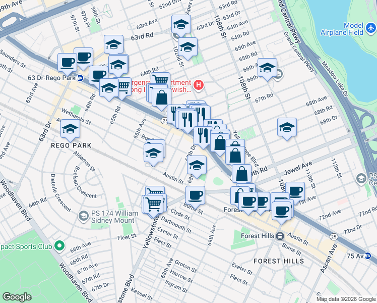 map of restaurants, bars, coffee shops, grocery stores, and more near 101-01 67th Drive in Queens