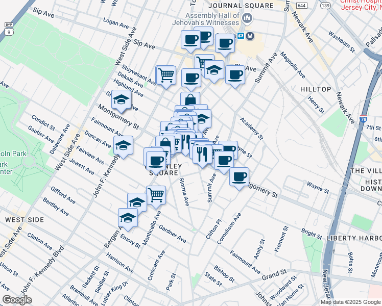 map of restaurants, bars, coffee shops, grocery stores, and more near 700 Montgomery Street in Jersey City