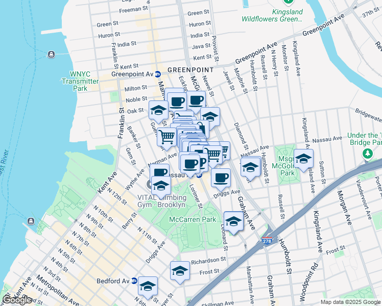 map of restaurants, bars, coffee shops, grocery stores, and more near 680 Manhattan Avenue in Brooklyn