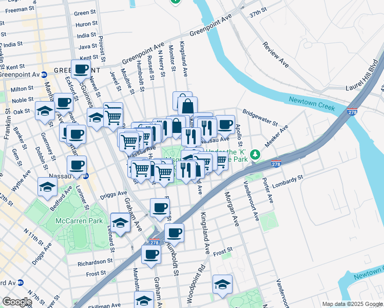 map of restaurants, bars, coffee shops, grocery stores, and more near 261 Kingsland Avenue in Brooklyn