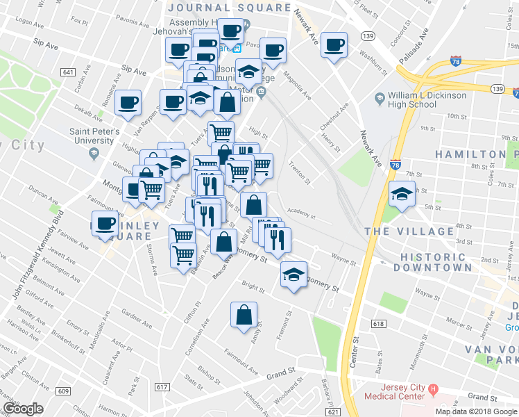 map of restaurants, bars, coffee shops, grocery stores, and more near 99 Mill Road in Jersey City