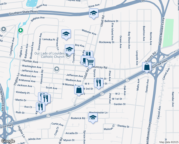 map of restaurants, bars, coffee shops, grocery stores, and more near 119 West 6th Street in West Islip