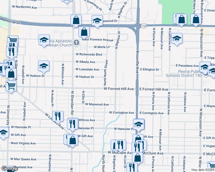 map of restaurants, bars, coffee shops, grocery stores, and more near 321 West Forrest Hill Avenue in Peoria