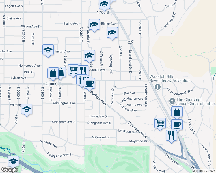 map of restaurants, bars, coffee shops, grocery stores, and more near 2134 Wyoming Street East in Salt Lake City