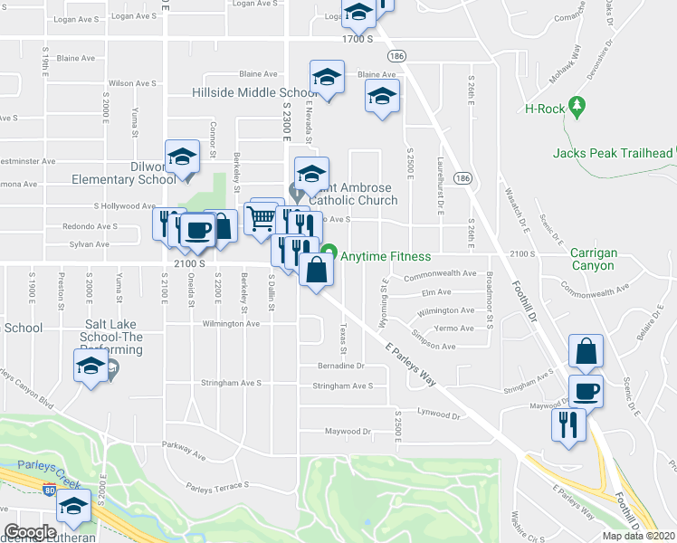 map of restaurants, bars, coffee shops, grocery stores, and more near 2131 Texas Street in Salt Lake City