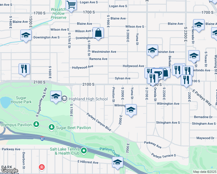 map of restaurants, bars, coffee shops, grocery stores, and more near 2119 South 1900 East in Salt Lake City