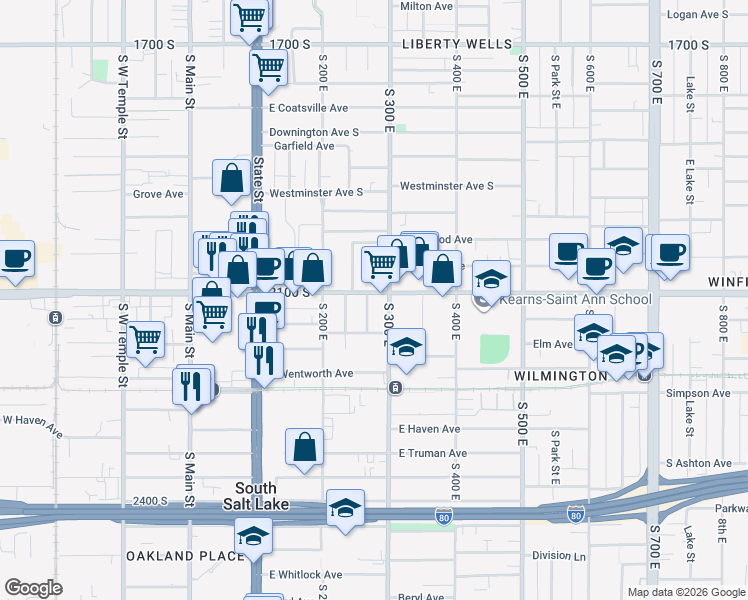 map of restaurants, bars, coffee shops, grocery stores, and more near 2123 South Roberta Street in South Salt Lake