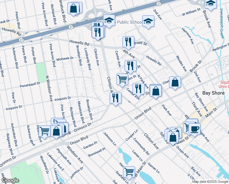 map of restaurants, bars, coffee shops, grocery stores, and more near 115 North Clinton Avenue in Bay Shore