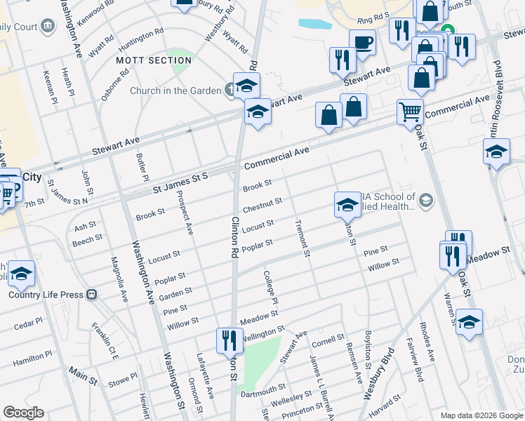 map of restaurants, bars, coffee shops, grocery stores, and more near 111 Locust Street in Garden City