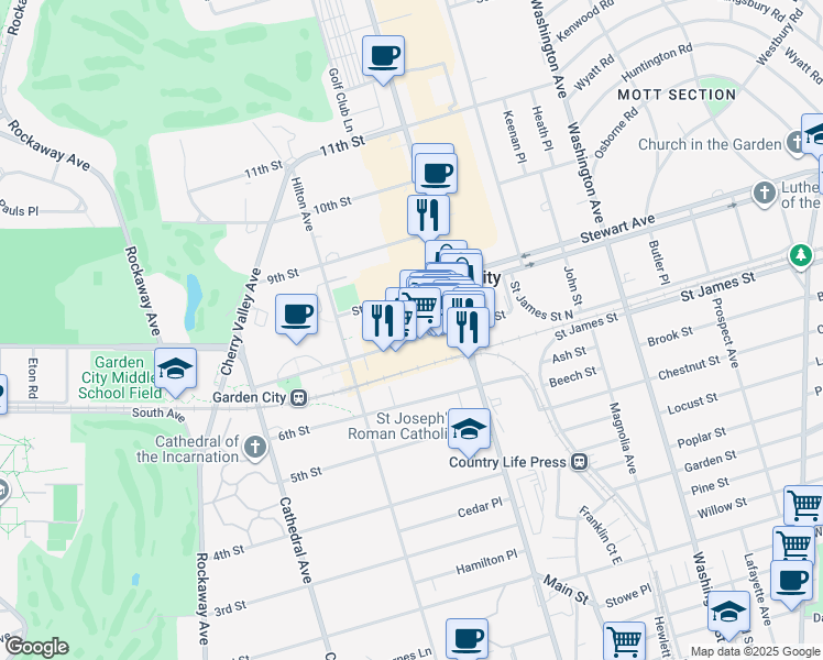 map of restaurants, bars, coffee shops, grocery stores, and more near 111 7th Street in Garden City